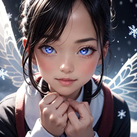 ExtremelyDetailed KAWAII SchoolGirls standing in (Sparkling snow dust), Stunning detailed eyes with (Sparkling Highlights:1.28), beautiful detailed lips, extremely detailed eyes and face, double eyelids with Detailed Long Eyelash, rosy cheeks, Radiant Pear...