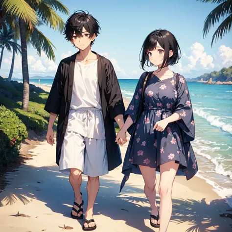 Menhera Couple、Short-haired man with black hair、Woman with short black hair、Wearing matching jinbei、Walking along the coast