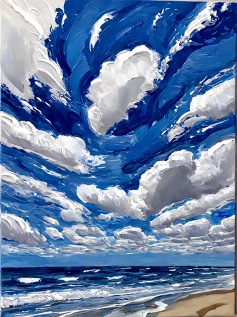 Waves，Perfect proportion，ocean，Blue sky，bright，White background，real，emotion，Thick textured paint, 