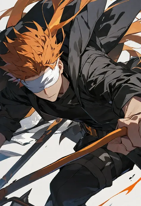 Solo, 1 male, orange hair, white blindfold, black shirt, black coat, white scythe