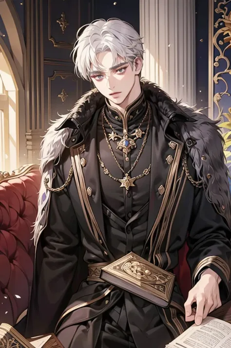 1 men, calm, grown-up, 35 year old guy, messy short with bangs, White hair, amethyst eyes, royaltly, tenet, wear black clothes, in a castle, grown-up face, medieval times, close up, sitting at a table with a book, Two hands, calm