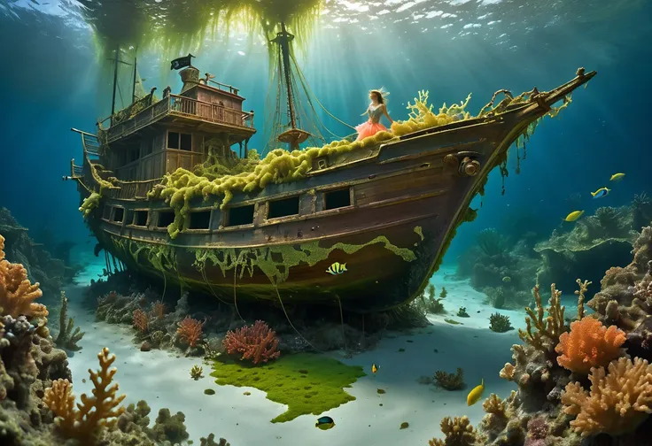 In a brief interim a coral fairy dressed with algae illuminates with St. Elmos Fire a pirate wrecking site on covered by algae and coral, showcasing the wrecked ship partially hidden by the acuatic vegetation, a wooden treasure chest, underwater scene, Car...