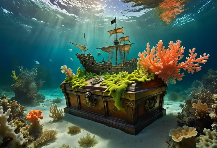 In a brief interim a coral fairy dressed with algae illuminates with St. Elmos Fire a pirate wrecking site on covered by algae and coral, showcasing the wrecked ship partially hidden by the acuatic vegetation, a wooden treasure chest, underwater scene, Car...