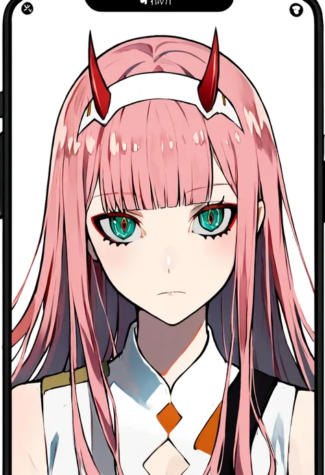 1girl, solo, zero_two_(darling_in_the_franxx), horns, long_hair, looking_at_viewer, bangs, hairband, closed_mouth, twitter_username, pink_hair, green_eyes, phone_screen, blue_eyes, portrait, white_hairband, aqua_eyes