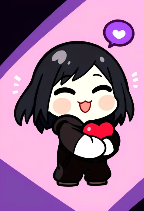 anime style, chibi, logo illustration, medium shot, emote for twitch, black hair, no bangs, black baggy hello kitty jumpsuit, hugging a heart, happy expression