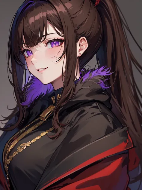 ((masterpiece)), ((best quality)), 1girl, adult, long hair, big bust, ((brown hair)), ((intimidant look)), ((close-up)), profile image, black and red clothes, sexy, dark colors, ((coat with fur)), ((wavy hair)), exposed skin, ((sexy pose)), good anatomy, (...