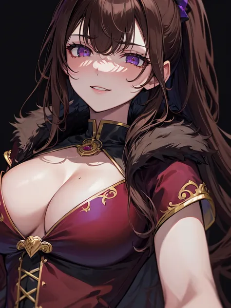 ((masterpiece)), ((best quality)), 1girl, adult, long hair, big bust, ((brown hair)), ((intimidant look)), ((close-up)), profile image, black and red clothes, sexy, dark colors, ((coat with fur)), ((wavy hair)), exposed skin, ((sexy pose)), good anatomy, (...