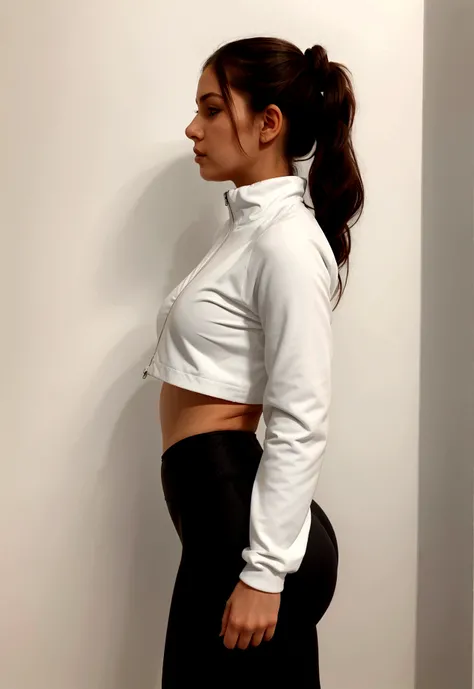 a woman standing against a white wall. She is dressed in all black sportswear. Wear a long-sleeved jacket with a front closure, tight to the body, that highlights your figure. The jacket has a minimalist design with no visible logos or decorations. The wom...