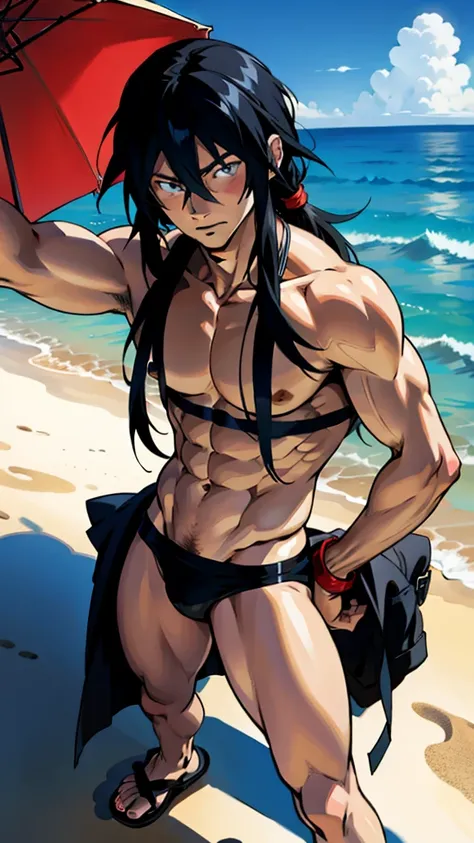 アニメ cel-shading Akame, bikini, on the beach in ((anime + manga + comics + cartoon) style) 