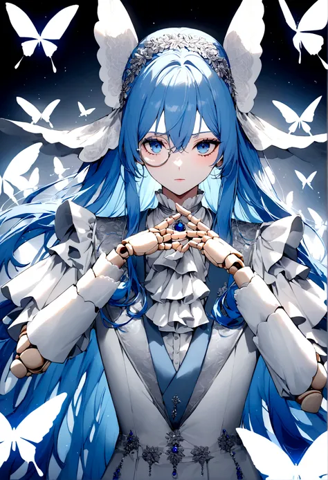 (masculine) (man) (man de Navy blue hair muy largo) (long hair de color azul marino ) (long hair) (Navy blue hair) (blue eyes) (monoculo) (silver monocle) (elegant white clothes with lace) (silver lace) (porcelain, piel de porcelain) (marked doll joints) (...