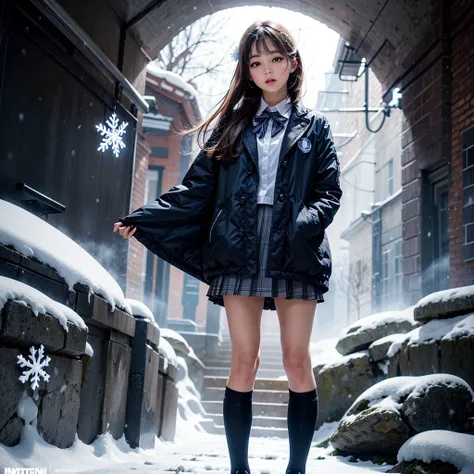 ExtremelyDetailed KAWAII SchoolGirls standing in (Sparkling snow dust), Stunning detailed eyes with (Sparkling Highlights:1.28), beautiful detailed lips, extremely detailed eyes and face, double eyelids with Detailed Long Eyelash, rosy cheeks, Radiant Pear...