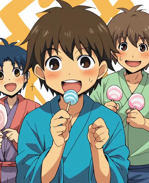 anime, 一peopleの男の子, handa shinichi, brown hair, brown eyes, stop temporarily,cotton candy (background, ・色とりどりの花火が夏祭り会場のcolor the...