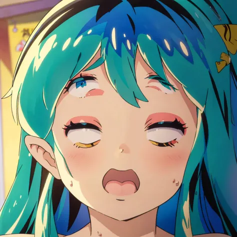 masterpiece, Highest quality, 1 Girl, Lum, 比基尼, anime, Face close-up, Charm, 18-year-old, Ahegao, My hair is messy, Open your mouth slightly, lipstick, sexy, painful, Being spoiled, Sleeping with eyes closed
