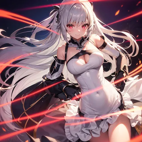 asuna,sao, crown half up hairstyle,, Perfect body, single human girl, white and silver hair, seductive smile, cleavage cutout, silver eyes, elbow gloves, (harajuku fashion, red Clothes), dusk, dusk sky, sunset,