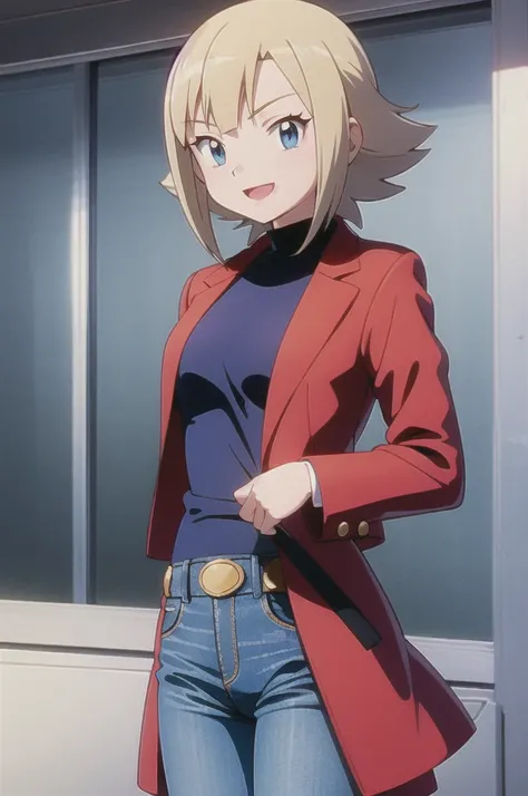 a 20 years old girl, solo,   pokemovies, sugimori ken, ken sugimori ken (style),  masterpiece, best quality, 1girl, jeans, red jacket, blue shirt, happy, smile, anime screencap,