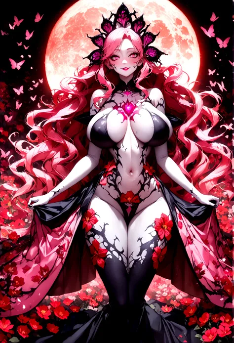 長い髪を持つbeautifulアニメ風のフラワーガール,((Bright flowers)),(((Pink Hair)))Long Wavy Hair,(((Highest quality)))Transparent Hair,Wicked Smile,Eyes full of desire,(((Pink eyes))),Greedy Beauty,(((A well-defined, glamorous body)))((Huge bust))Tight waist,(((Doing body pai...