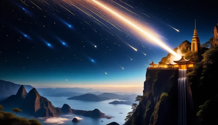 (((Stylish and hazy:1.3))), (((Parallel Cyber Fairy Grunge Style:1.3))), (((Stunningly detailed illustration of a meteor shower:1.5))), Adorned with intricate and ornate robes, Standing on a cliff, (((Majestic meteor detail in background:1.3))), (((Stunnin...