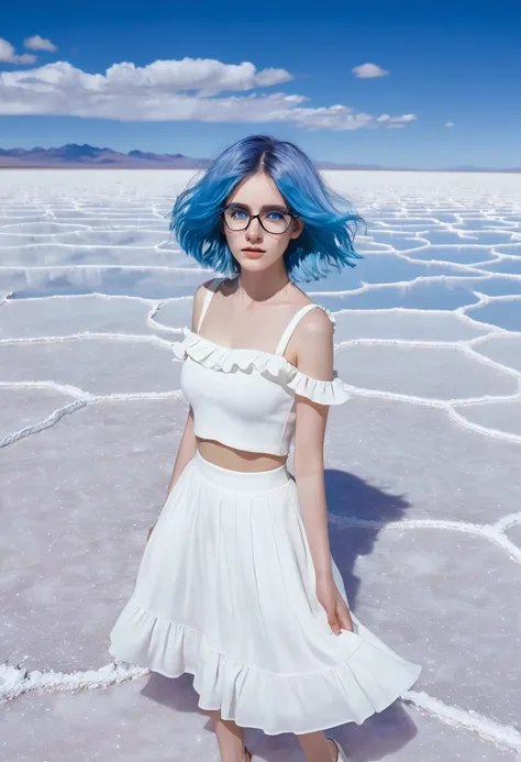 absurd, high resolution, (Official Art, beautiful and aesthetic:1.2), (myopia:1.15), (1 Girl, Blue Hair, Medium Length Hair, blue eyes, Bright Eyes, White long skirt, Blue ruffles,:1.2) Blue sky, Glittering galaxies, (Uyuni Salt Flats:1.2), (Fractal Art:0....