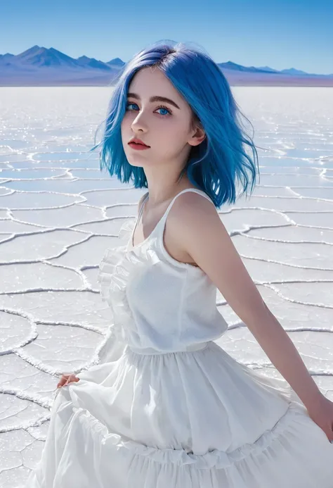 absurd, high resolution, (Official Art, beautiful and aesthetic:1.2), (myopia:1.15), (1 Girl, Blue Hair, Medium Length Hair, blue eyes, Bright Eyes, White long skirt, Blue ruffles,:1.2) Blue sky, Glittering galaxies, (Uyuni Salt Flats:1.2), (Fractal Art:0....