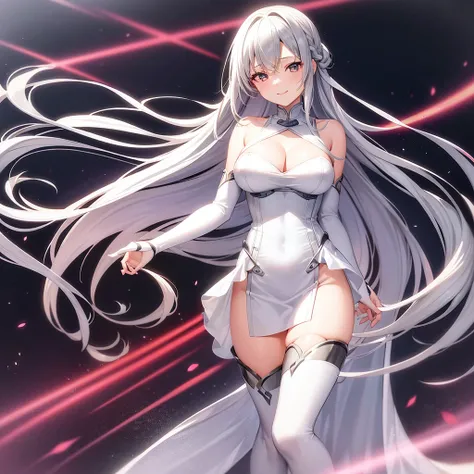 asuna,sao, crown half up hairstyle,, asuna,sao, crown half up hairstyle,, Perfect body, woman, white and silver hair, seductive smile, cleavage cutout, silver eyes, elbow gloves, harajuku fashion, red Clothes, dusk, dusk sky, sunset,