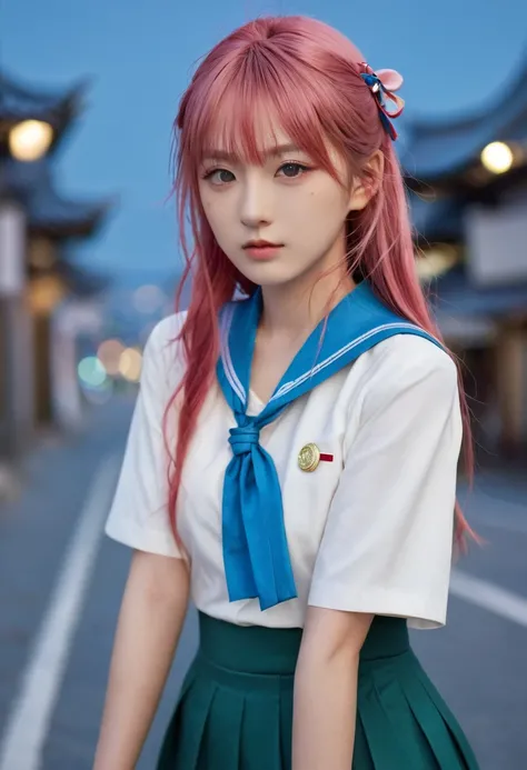 (((masterpiece: 1.5, best quality, high resolution: 1.3, Super Resolution, Super Detail, Super Detail: 1.3, Rich background: 1.2))), 1 girl, Solitary, Green Eyes, Pink long hair，Tied with a blue ribbon, Bangs, Cute hairpin, Uniforms, White Seraphon, Red sa...