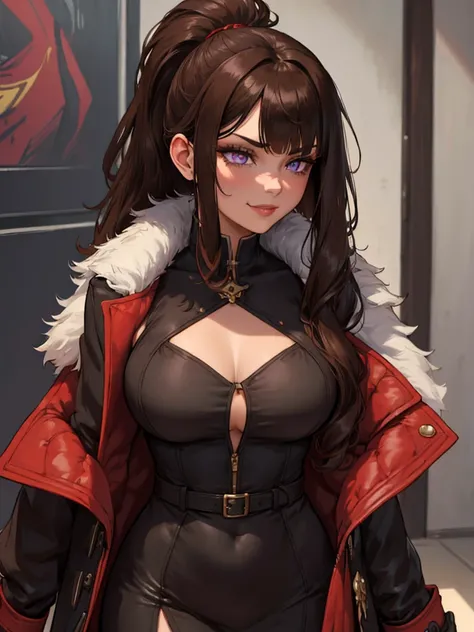 ((masterpiece)), ((best quality)), 1girl, adult, long hair, big bust, ((brown hair)), ((intimidant look)), ((close-up)), profile image, black and red clothes, sexy, dark colors, ((coat with fur)), ((wavy hair)), exposed skin, ((sexy pose)), good anatomy, (...