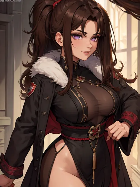 ((masterpiece)), ((best quality)), 1girl, adult, long hair, big bust, ((brown hair)), ((intimidant look)), ((close-up)), profile image, black and red clothes, sexy, dark colors, ((coat with fur)), ((wavy hair)), exposed skin, ((sexy pose)), good anatomy, (...