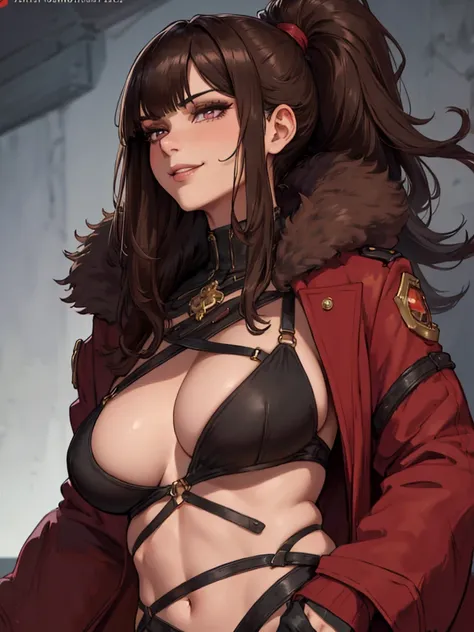 ((masterpiece)), ((best quality)), 1girl, adult, long hair, big bust, ((brown hair)), ((intimidant look)), ((close-up)), profile image, black and red clothes, sexy, dark colors, ((coat with fur)), ((wavy hair)), exposed skin, ((sexy pose)), good anatomy, (...