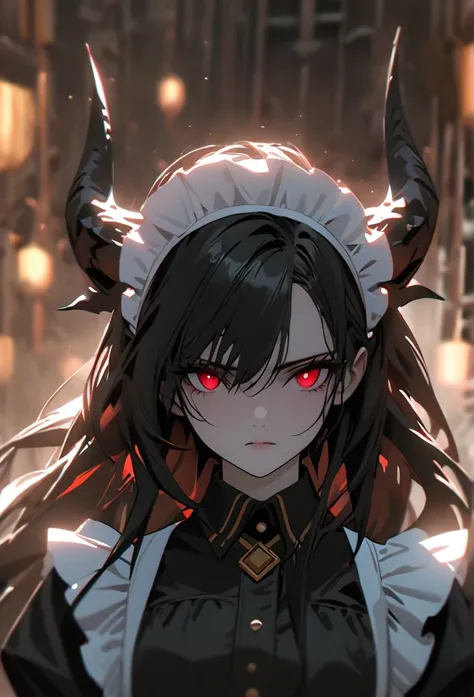 (solo), black hair, messy hair, mane hair, long hair, dense hair, wild hair, expressive hair, mature,(25 year old), pale skin, red eyes, ((woman)), maid,maid headdress,looking at viewer,apron, black dragon horns,, serious, black wings, beautiful, attractiv...