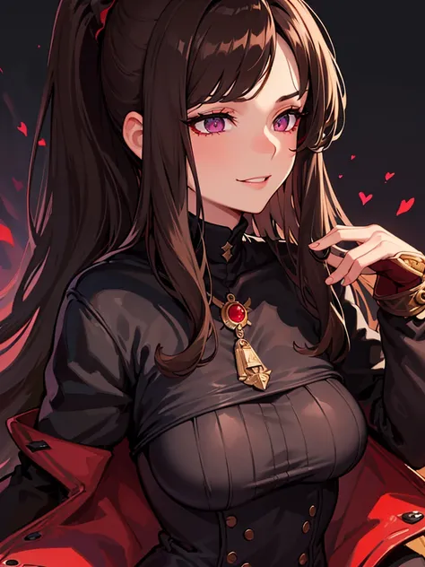 ((masterpiece)), ((best quality)), 1girl, adult, long hair, big bust, ((brown hair)), ((intimidant look)), ((close-up)), profile image, black and red clothes, sexy, dark colors, ((coat with fur)), ((wavy hair)), exposed skin, ((sexy pose)), good anatomy, (...