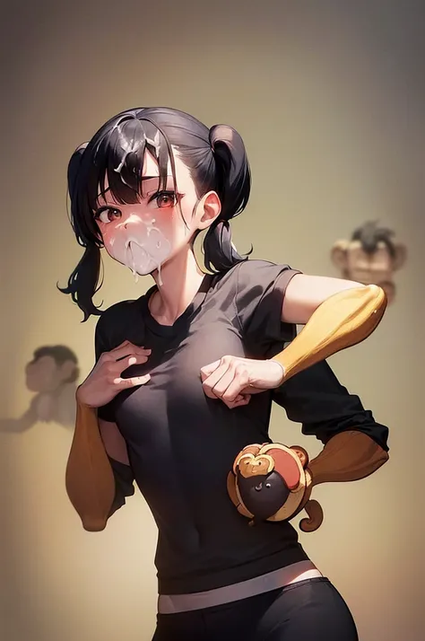 masterpiece, best quality,anime style, 1 girl,(((slender body))), (((small eyes,small breast))),(((gym uniform))),(((((3 monkey grabbing the girl))))),((((cum facial)))), (beautiful face), (((short twintail))), (((straight hair))), ((((black hair)))),detai...