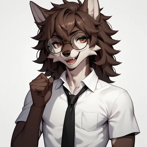 score_9,score_8_up,score_7_up, an anthro furry male wolf, tall and slender, dark brown shaggy hair, brown eyes, black thick rim ...