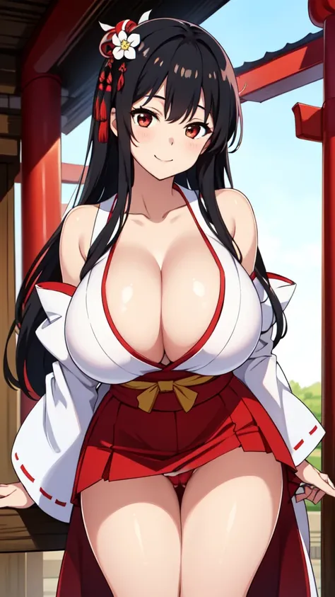 Girl in Japanese shrine maiden outfit, smile, Showing her breasts, (Huge breasts:1.6, Cleavage, Black Hair, Long Hair), White hair ornament, ribbon,White kimono, Shoulder-exposing sleeves, open-chested costume, Short skirt, Red Skirt, (upskirt), cameltoe,