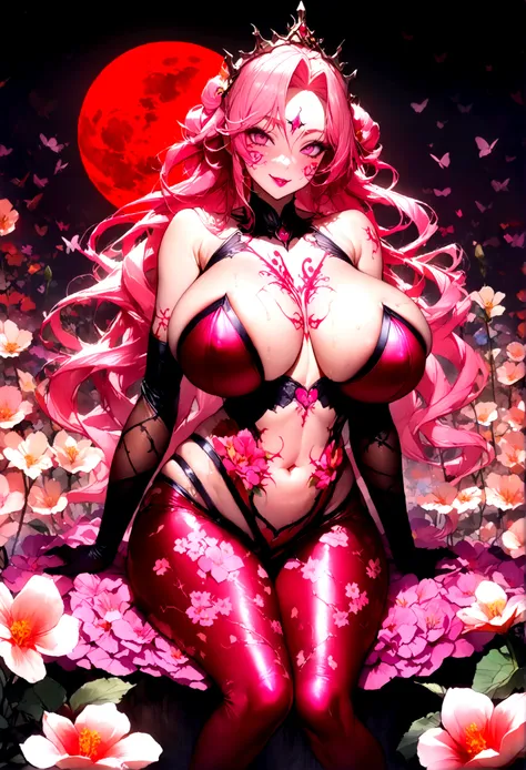 長い髪を持つbeautifulアニメ風のフラワーガール,((Bright flowers)),(((Pink Hair)))Long Wavy Hair,(((Highest quality)))Transparent Hair,Wicked Smile,Eyes full of desire,(((Pink eyes))),Greedy Beauty,(((A well-defined, glamorous body)))((Huge bust))Tight waist,(((Doing body pai...