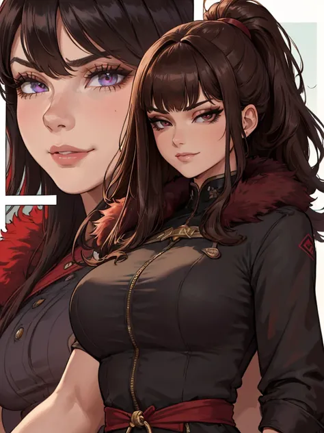 ((masterpiece)), ((best quality)), 1girl, adult, long hair, big bust, ((brown hair)), ((intimidant look)), ((close-up)), profile image, black and red clothes, sexy, dark colors, ((coat with fur)), ((wavy hair)), exposed skin, ((sexy pose)), good anatomy, (...