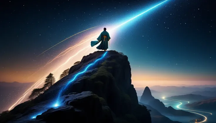 (((Stylish and hazy:1.3))), (((Parallel Cyber Fairy Grunge Style:1.3))), (((Stunningly detailed illustration of a meteor shower:1.5))), Adorned with intricate and ornate robes, Standing on a cliff, (((Majestic meteor detail in background:1.3))), (((Stunnin...