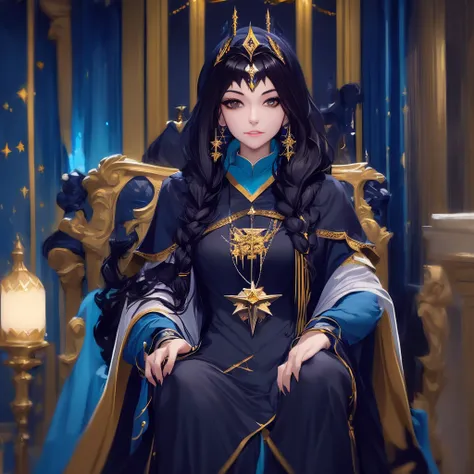 a woman with long black hair wearing a blue and gold hoodie, beautiful celestial mage, black - haired mage, in dark robes with gold accents, astral witch clothes, portrait knights of zodiac girl, wearing star filled mage robes, maya ali as a storm sorcerer...