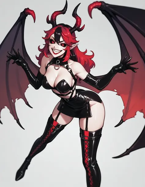 Solo, Score_9, score_8_up, score_7_up, a tall slender feminine incubus, black sclera, red eyes, deer horns, sharp teeth, grinning,rather bdsm gear, stiletto boots, demon wings, shaggy red hair with black highlights, cocky grin, cocky pose