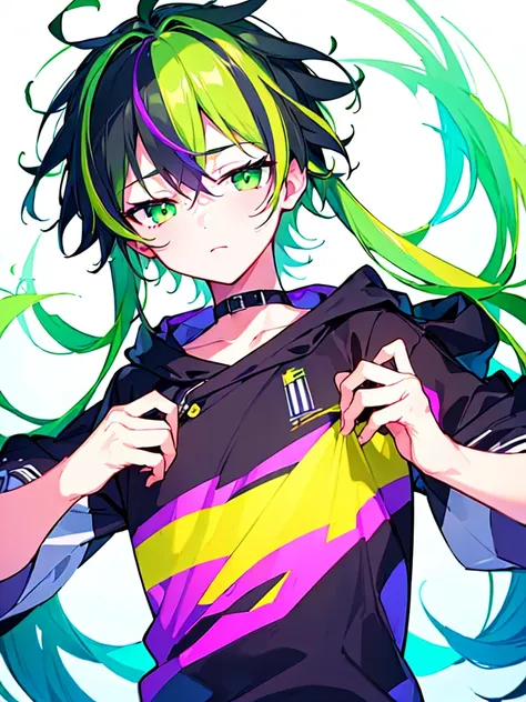 [(WHITE BACKGROUND:1.5),::5], ((((masterpiece)))), high quality, ultra very high resolution, full color, (((solo))), ((little boy)), Purple hair, ((Green streaked hair)), (Green eyes), anime, ((upper body)), neon light, black parka, 