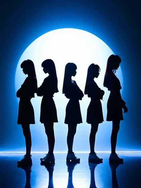 薄dark部屋に佇むFive women, unlimited, Generic KPOP, silhouette, , unlimited, Backlight, dark、Spotlight、A long shadow stretching forward、Five women、audition、Standing evenly spaced apart, facing forward