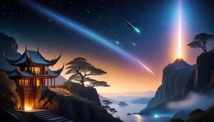 (((Stylish and hazy:1.3))), (((Parallel Cyber Fairy Grunge Style:1.3))), (((Stunningly detailed illustration of a meteor shower:1.5))), Adorned with intricate and ornate robes, Standing on a cliff, (((Majestic meteor detail in background:1.3))), (((Stunnin...