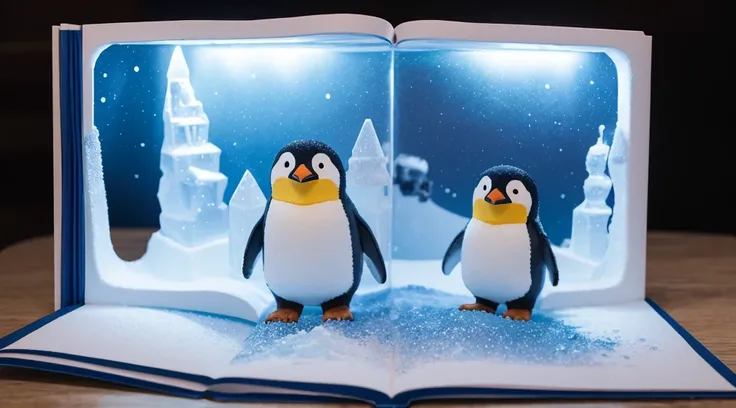 （Pop-up Books：1.5），（Antarctic World），Cute Penguin 、（Ice and snow world，Highest quality，More details More detailasterpiece，Folk crafts，Cinematic Lighting Effects，4K，Chiaroscuro）、About to go on an adventure