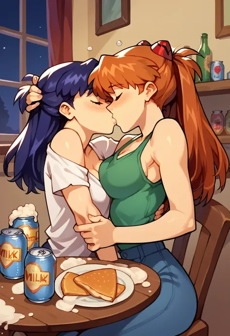 score_9, score_8_up, score_7_up, score_6_up, score_5_up, score_4_up, (source_anime), 2girls, evangellion, asuka langley (small breasts), katsuragi misato (Higher) (big breasts), yuri, Messy apartment, full body, breast sucking, Table In the corner, beer ca...