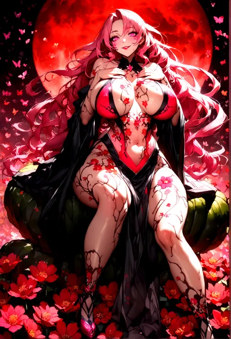 長い髪を持つbeautifulアニメ風のフラワーガール,((Bright flowers)),(((Pink Hair)))Long Wavy Hair,(((Highest quality)))Transparent Hair,Wicked Smile,Eyes full of desire,(((Pink eyes))),Greedy Beauty,(((A well-defined, glamorous body)))((Huge bust))Tight waist,(((Doing body pai...