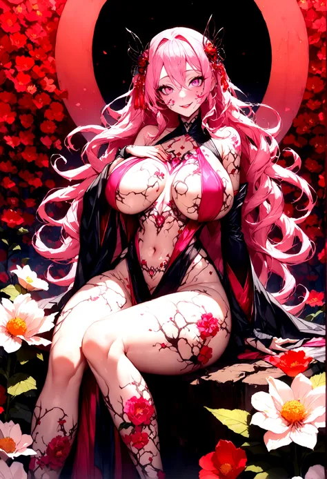 長い髪を持つbeautifulアニメ風のフラワーガール,((Bright flowers)),(((Pink Hair)))Long Wavy Hair,(((Highest quality)))Transparent Hair,Wicked Smile,Eyes full of desire,(((Pink eyes))),Greedy Beauty,(((A well-defined, glamorous body)))((Huge bust))Tight waist,(((Doing body pai...