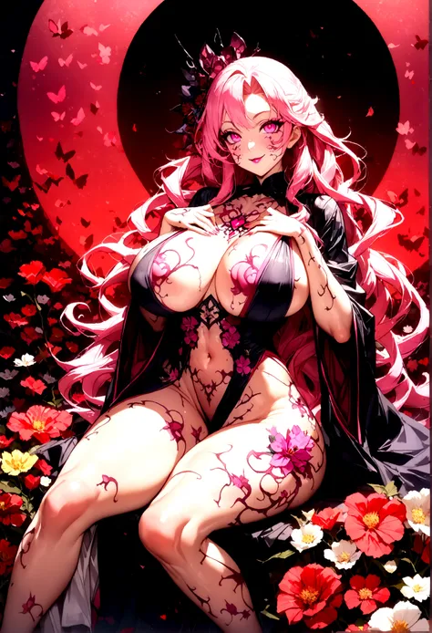 長い髪を持つbeautifulアニメ風のフラワーガール,((Bright flowers)),(((Pink Hair)))Long Wavy Hair,(((Highest quality)))Transparent Hair,Wicked Smile,Eyes full of desire,(((Pink eyes))),Greedy Beauty,(((A well-defined, glamorous body)))((Huge bust))Tight waist,(((Doing body pai...