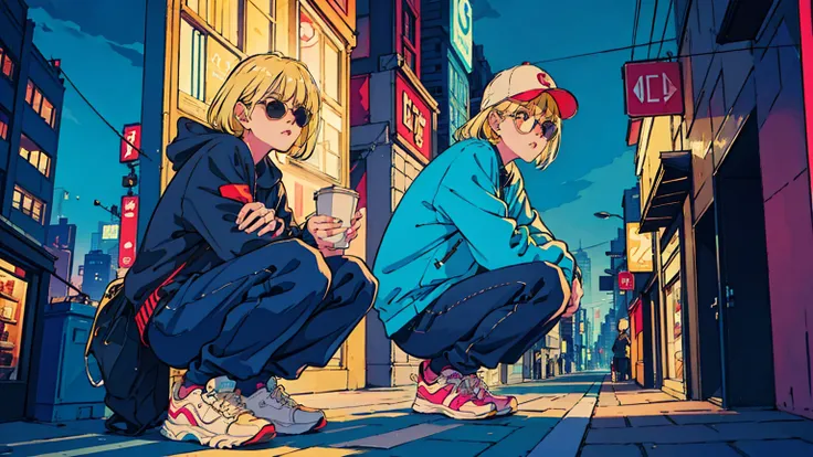 80s, Retro, City Pop, Best Photo Poses, Crouching on the city street, Dynamic Angle,girl, alone, cool, Delicate face, Wearing sunglasses, Blonde Hair, Cityscape, City of night, Casual street wear, Street side, Wearing a cap, Trendy clothing, clock, sneaker...