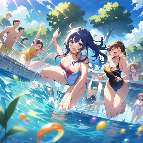 ((Masterpiece)), ((Best Quality)), (Very Detailed), ((Very Detailed)), 4K, (8K), very aesthetic, absurdres highres, Multiple men and women playing energetically in the pool. They are having a party by the pool. They are wearing swimsuits and are jumping in...