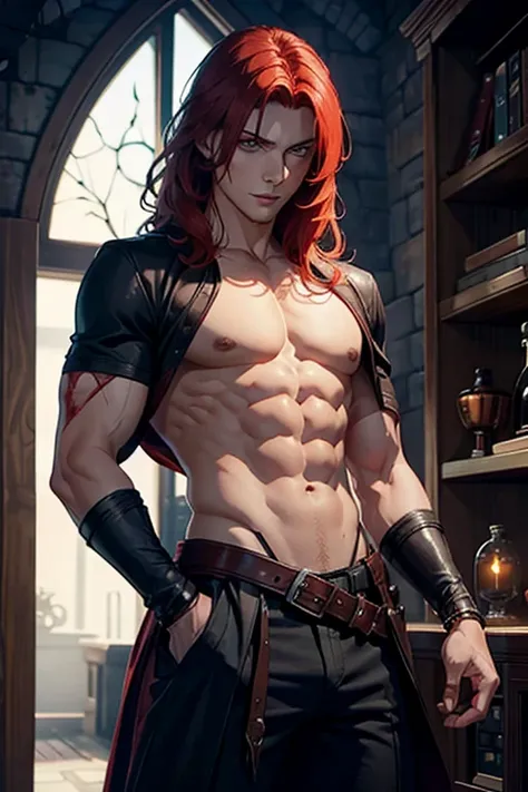 Sexy redhead man, thin and muscular, that he is a witch with dark powers and blood.