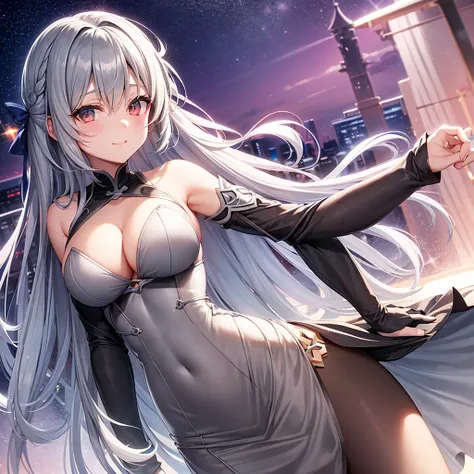 asuna,STAR, crown half up hairstyle,, asuna,STAR, crown half up hairstyle,, Perfect body, woman, Grey hair, seductive smile, cleavage cutout, silver eyes, dress, red Clothes, dusk, dusk sky, sunset,,Free Pose。Low - Angle